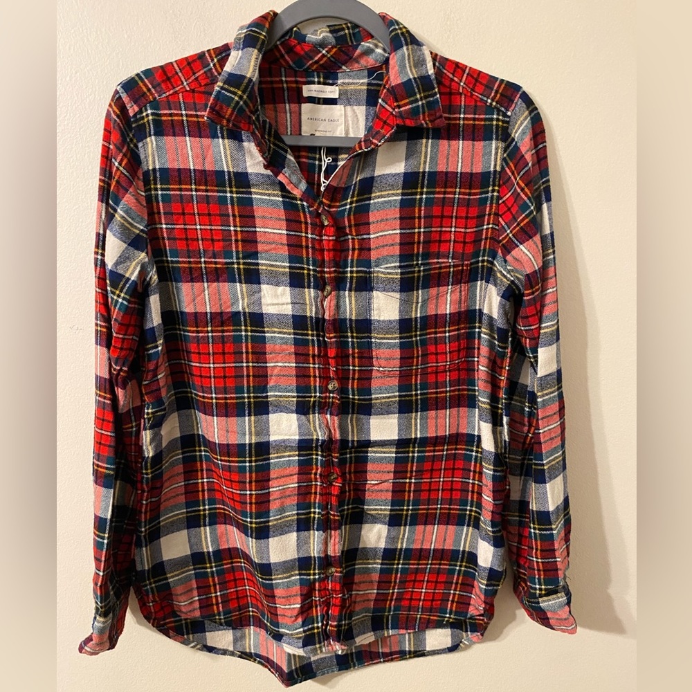 Womens American Eagle Boyfriend Fit Ahh-Mazingly Soft Flannel Red‎ White Small